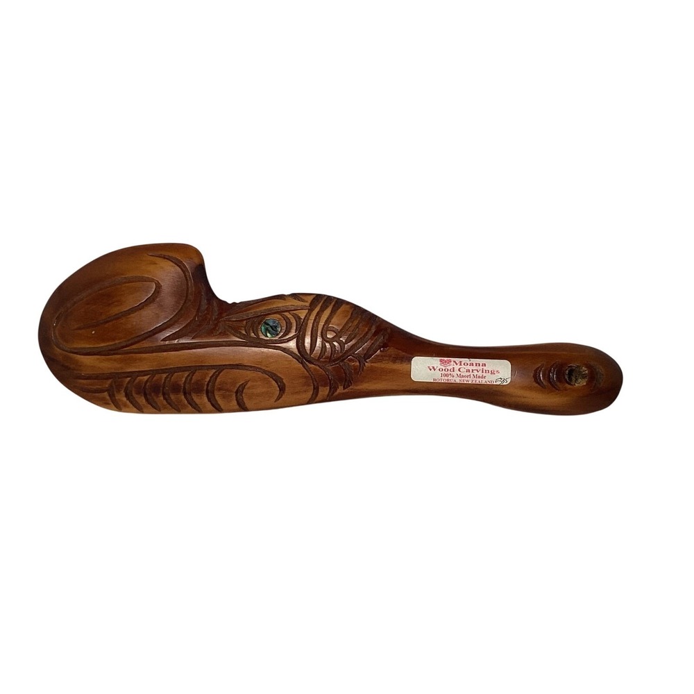 Moana Wood Carvings Maori Wahaika Hand Carved New Zealand Abalone Eye 12 Inch